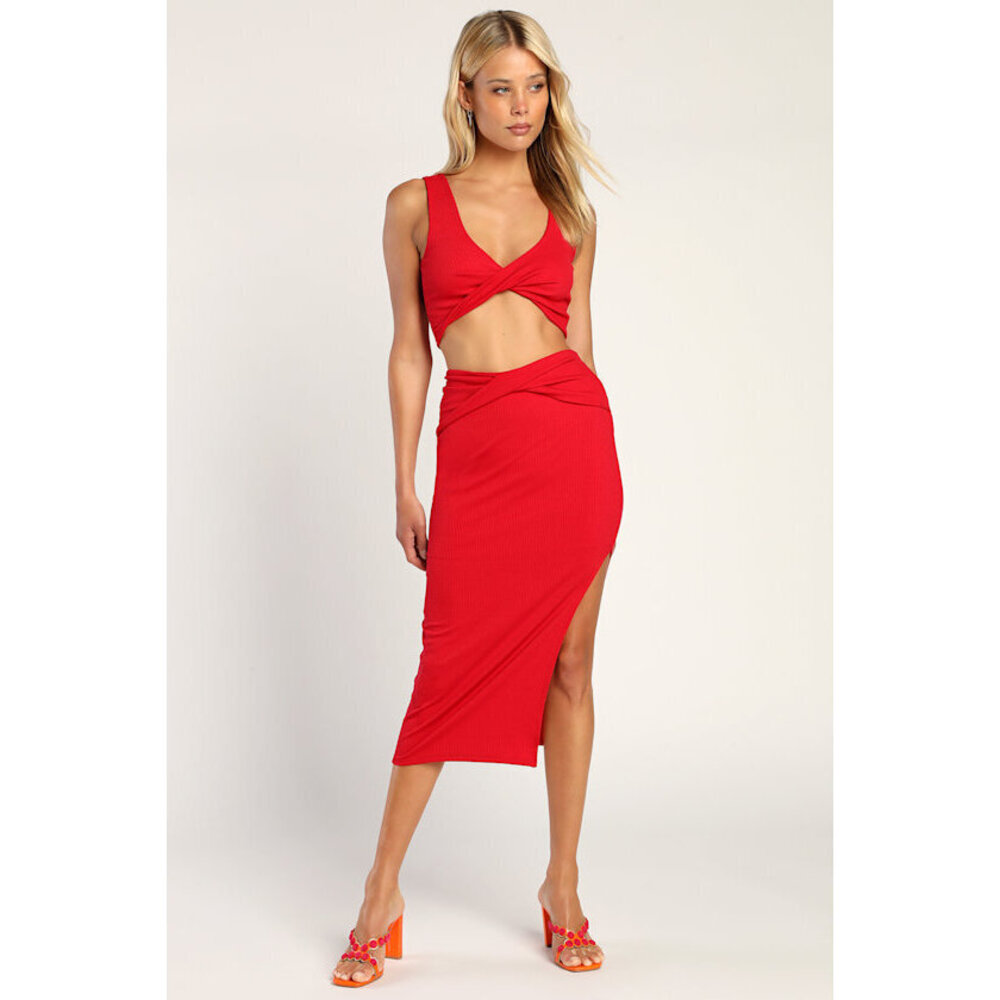 NWT! Lulus Make My Move Red Ribbed Twist-front Two-piece Midi Dress